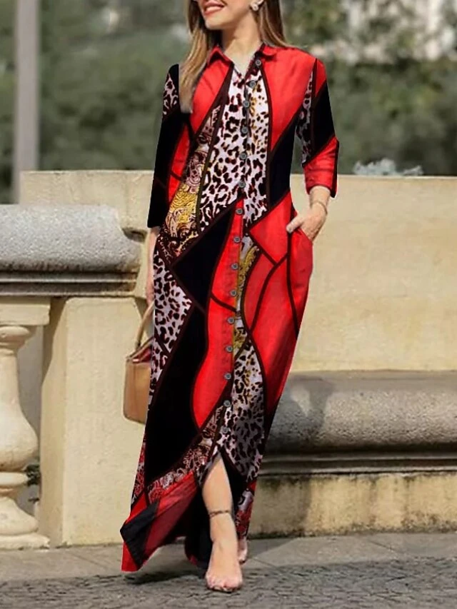 Women's Shirt Dress A Line Dress Maxi Long Dress Winter Dress Daily Holiday Polyester Elegant Modern Shirt Collar Patchwork Embroidered Long Sleeve Summer Spring Fall 2023 Regular Fit Yellow Red Green 3 Women's Shirt Dress A Line Dress Maxi Long Dress Winter Dress Daily Holiday Polyester Elegant Modern Shirt Collar Patchwork Embroidered Long Sleeve Summer Spring Fall 2023 Regular Fit Yellow Red Green - Image 3