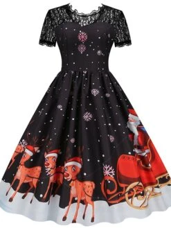 Women's Christmas Swing Dress Vintage DressKnee Length Dress Green Wine Dark Green Fuchsia Red Black Short Sleeve Santa Claus Snowman Snowflake Lace Print Fall Winter V Neck Vacation Vintage 2022 S -Casual Print Dress Sales bqwwqy1665293370781