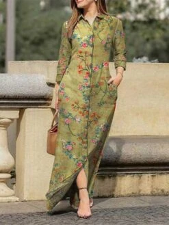 Women's Shirt Dress Casual Dress Shift Dress Maxi Long Dress Winter Dress Daily Holiday Polyester Casual Mature Shirt Collar Button Pocket Long Sleeve Summer Spring Fall 2023 Regular Fit Pink Blue -Casual Print Dress Sales bqywee1657786308913