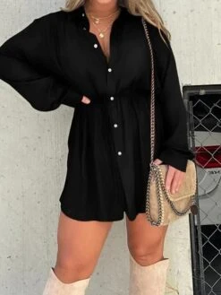 Women's Shirt Dress Casual Dress Mini Dress Outdoor Daily Date Polyester Fashion Casual Shirt Collar Lace Up Button Long Sleeve Fall Winter 2023 Loose Fit ArmyGreen Black Wine Pure Color S M L XL 2XL -Casual Print Dress Sales bromtt1695644795397