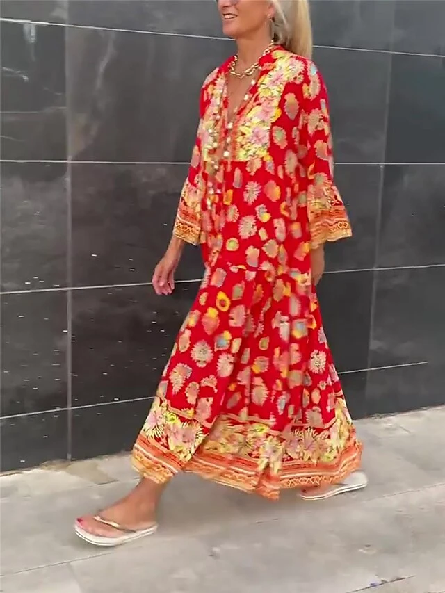 Women's Long Dress Maxi Dress Casual Dress Summer Dress Boho Dress Floral Fashion Bohemian Outdoor Daily Holiday Print Long Sleeve V Neck Dress Loose Fit Red Summer Spring S M L XL XXL 3 Women's Long Dress Maxi Dress Casual Dress Summer Dress Boho Dress Floral Fashion Bohemian Outdoor Daily Holiday Print Long Sleeve V Neck Dress Loose Fit Red Summer Spring S M L XL XXL - Image 3