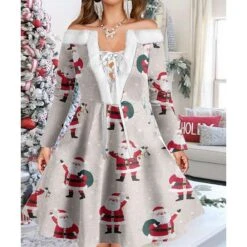 Women's Christmas Swing Dress Vintage Dress Mini Dress Green Light Green Wine Red Navy Blue White Long Sleeve Snowman Tree Snowflake Backless Feather Print Winter Fall Off Shoulder Vacation Stylish -Casual Print Dress Sales brvocl1667977601399