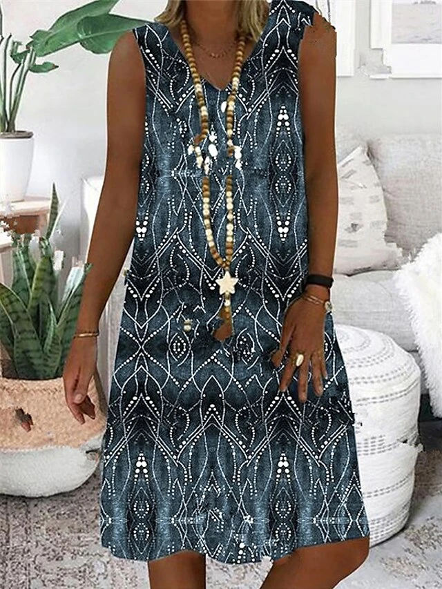 Women's Shift Dress Midi Dress Blue Purple Green Sleeveless Geometric Print Summer Spring V Neck Casual 2023 S M L XL XXL 3XL 4XL 5XL 3 Women's Shift Dress Midi Dress Blue Purple Green Sleeveless Geometric Print Summer Spring V Neck Casual 2023 S M L XL XXL 3XL 4XL 5XL - Image 3