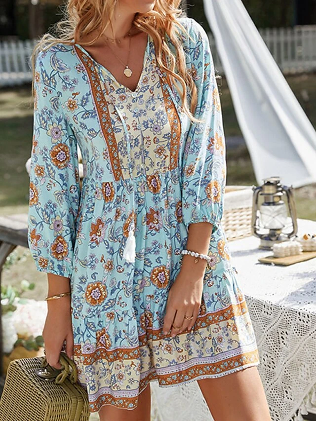 Women's Boho Dress Long Dress Maxi Dress Pink Beige Light Blue 3/4 Length Sleeve Floral Ruffle Fall Autumn V Neck Weekend Loose Fit 2023 S M L XL 6 Women's Boho Dress Long Dress Maxi Dress Pink Beige Light Blue 3/4 Length Sleeve Floral Ruffle Fall Autumn V Neck Weekend Loose Fit 2023 S M L XL - Image 6