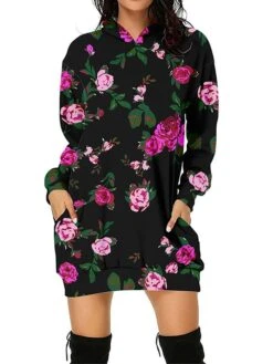 Women's Casual Dress Hoodie Dress Mini Dress Fashion Daily Outdoor Going Out Weekend Hoodie Pocket Floral Print Loose Fit Black Red Blue S M L XL XXL -Casual Print Dress Sales bsdtne1694427874641