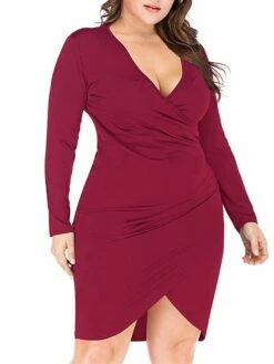 Women‘s Plus Size Curve Work Dress Sheath Dress Semi Formal Dress Fashion Midi Dress Ruched V Neck Long Sleeve Plain Regular Fit Black Wine Blue Fall Winter XL XXL 3XL 4XL 5XL -Casual Print Dress Sales bslamp1691401444039