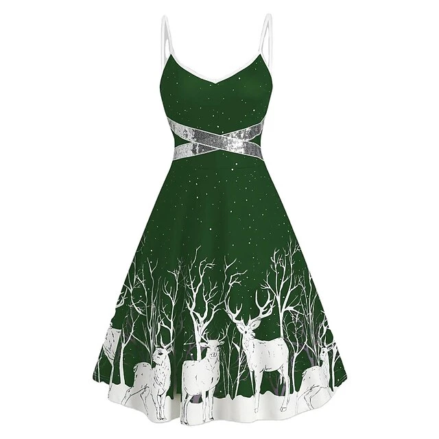 Women's Christmas Strap DressKnee Length Dress Green Black Red Sleeveless Animal Sequins Patchwork Print Spring Summer V Neck Hot Party 2022 S M L XL XXL 3XL 7 Women's Christmas Strap DressKnee Length Dress Green Black Red Sleeveless Animal Sequins Patchwork Print Spring Summer V Neck Hot Party 2022 S M L XL XXL 3XL - Image 7