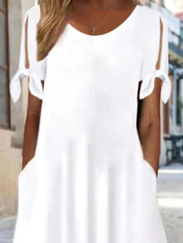 Women's Casual Dress Shift Dress White Dress Midi Dress White Short Sleeve Pure Color Cut Out Fall Spring Summer Crew Neck Basic Daily Date Vacation 2023 S M L XL 2XL 3XL 2 Women's Casual Dress Shift Dress White Dress Midi Dress White Short Sleeve Pure Color Cut Out Fall Spring Summer Crew Neck Basic Daily Date Vacation 2023 S M L XL 2XL 3XL - Image 2