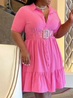 Women‘s Plus Size Curve Shirt Dress Solid Color Shirt Collar Ruffle Half Sleeve Spring Summer Casual Knee Length Dress Daily Holiday Dress -Casual Print Dress Sales btchkz1656491040098