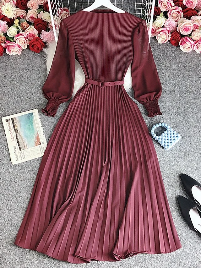Women's Casual Dress Plain Dress Spring Dress Midi Dress Ruched Pleated Work Street Daily Fashion Streetwear Crew Neck Long Sleeve 2023 Loose Fit Black Pink Wine Color M Size 4 Women's Casual Dress Plain Dress Spring Dress Midi Dress Ruched Pleated Work Street Daily Fashion Streetwear Crew Neck Long Sleeve 2023 Loose Fit Black Pink Wine Color M Size - Image 4