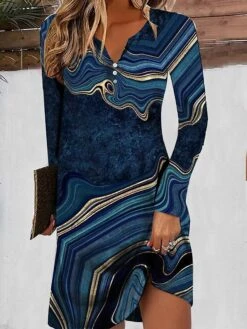 Women's Casual Dress Summer Dress Print Dress Ombre Marble Print Button Print Split Neck Mini Dress Fashion Streetwear Outdoor Daily Long Sleeve Loose Fit Light Green Pink Navy Blue Summer Spring S M