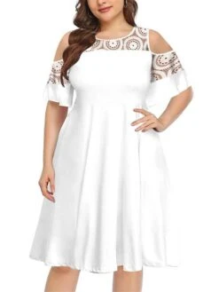 Women‘s Plus Size Curve Casual Dress Solid Color Crew Neck Lace Half Sleeve Fall Spring Casual Knee Length Dress Casual Daily Dress