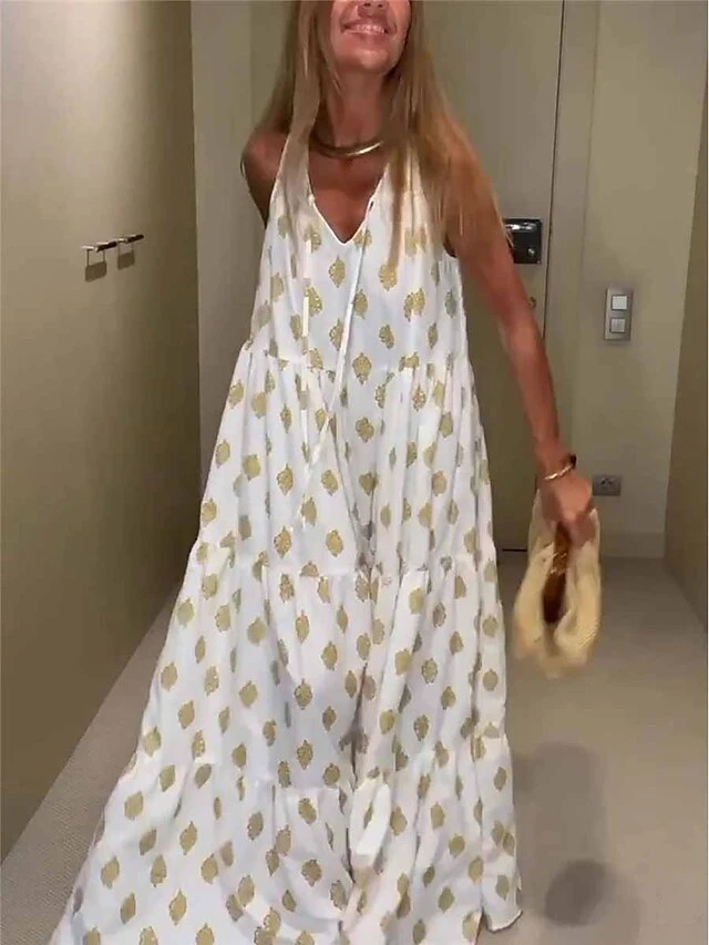 Women's Long Dress Maxi Dress Casual Dress Chiffon Dress Swing Dress Geometric Fashion Streetwear Outdoor Daily Holiday Print Sleeveless V Neck Dress Loose Fit White Summer Spring S M L XL XXL 5 Women's Long Dress Maxi Dress Casual Dress Chiffon Dress Swing Dress Geometric Fashion Streetwear Outdoor Daily Holiday Print Sleeveless V Neck Dress Loose Fit White Summer Spring S M L XL XXL - Image 5
