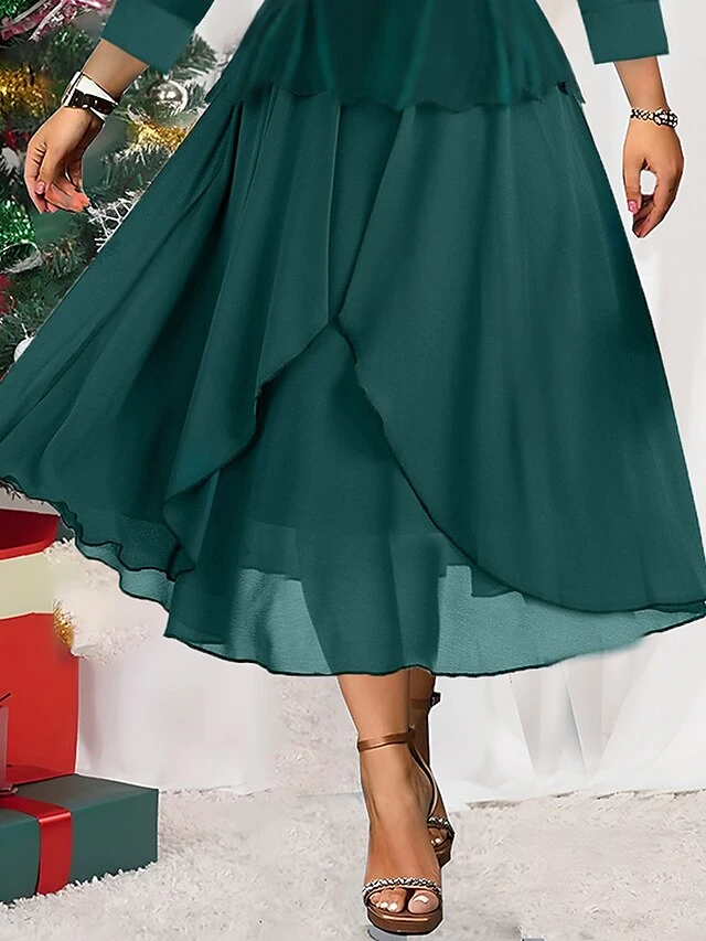 Women's Christmas Plus Size Curve Winter Dress Casual Dress Chiffon Dress Plain Midi Dress Long Sleeve Ruffle Layered V Neck Fashion Christmas Green Fall Winter L XL XXL 3XL 4XL 3 Women's Christmas Plus Size Curve Winter Dress Casual Dress Chiffon Dress Plain Midi Dress Long Sleeve Ruffle Layered V Neck Fashion Christmas Green Fall Winter L XL XXL 3XL 4XL - Image 3