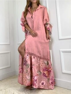 Women's Shirt Dress Casual Dress Shift Dress Long Dress Maxi Dress White Yellow Pink 3/4 Length Sleeve Floral Split Summer Spring Shirt Collar Fashion Loose Fit 2023 S M L XL 2XL 3XL 4XL -Casual Print Dress Sales bvypac1672050943205