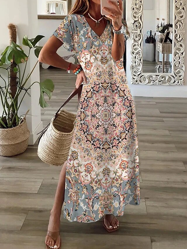 Women's Long Dress Maxi Dress Casual Dress Swing Dress Boho Dress Floral Tribal Modern Casual Daily Holiday Vacation Print Short Sleeve V Neck Dress Regular Fit Pink Red Orange Summer Spring S M L XL 5 Women's Long Dress Maxi Dress Casual Dress Swing Dress Boho Dress Floral Tribal Modern Casual Daily Holiday Vacation Print Short Sleeve V Neck Dress Regular Fit Pink Red Orange Summer Spring S M L XL - Image 5