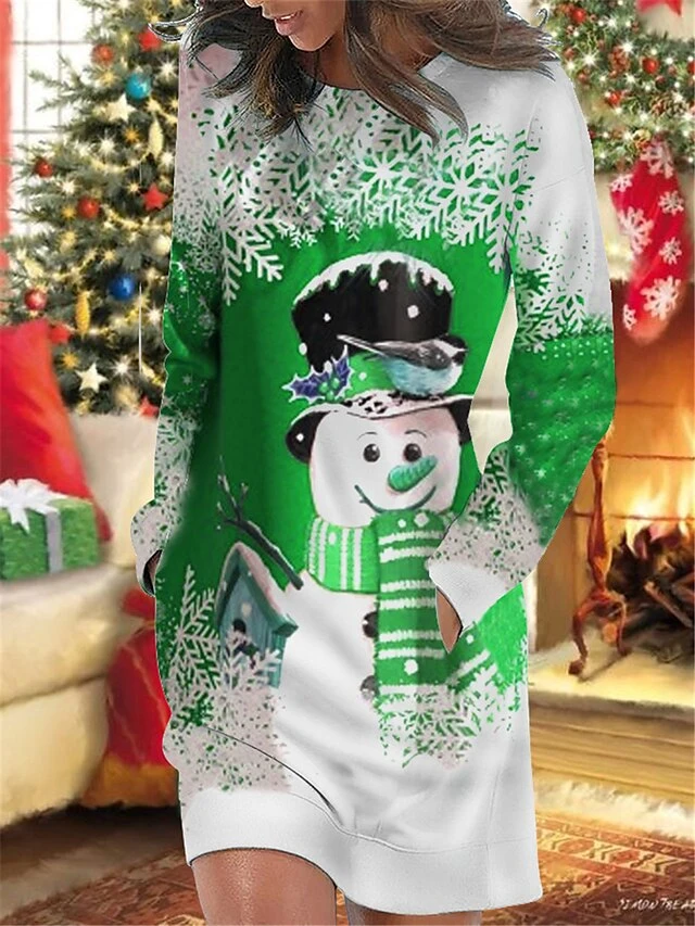 Women's Christmas Casual Dress Sweatshirt Dress Mini Dress Warm Fashion OutdoorHoliday Crew Neck Pocket Print Snowman Snowflake Loose Fit Red Purple Green S M L XL XXL 2 Women's Christmas Casual Dress Sweatshirt Dress Mini Dress Warm Fashion OutdoorHoliday Crew Neck Pocket Print Snowman Snowflake Loose Fit Red Purple Green S M L XL XXL - Image 2