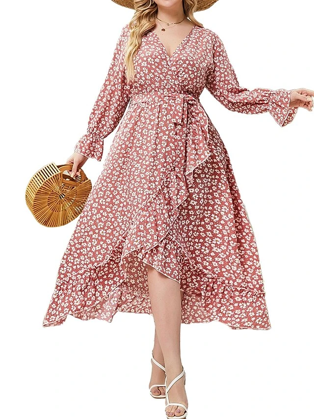 Women's Plus Size Curve Work Dress Swing Dress Semi Formal Dress Fashion Midi Dress Lace Up Ruffle V Neck Long Sleeve Floral Loose Fit Pink Fall Winter L XL XXL 3XL 4XL 5 Women's Plus Size Curve Work Dress Swing Dress Semi Formal Dress Fashion Midi Dress Lace Up Ruffle V Neck Long Sleeve Floral Loose Fit Pink Fall Winter L XL XXL 3XL 4XL - Image 5