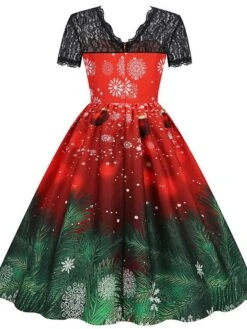 Women's Christmas Swing Dress Vintage DressKnee Length Dress Green Wine Dark Green Fuchsia Red Black Short Sleeve Santa Claus Snowman Snowflake Lace Print Fall Winter V Neck Vacation Vintage 2022 S -Casual Print Dress Sales bwolvp1665293363638