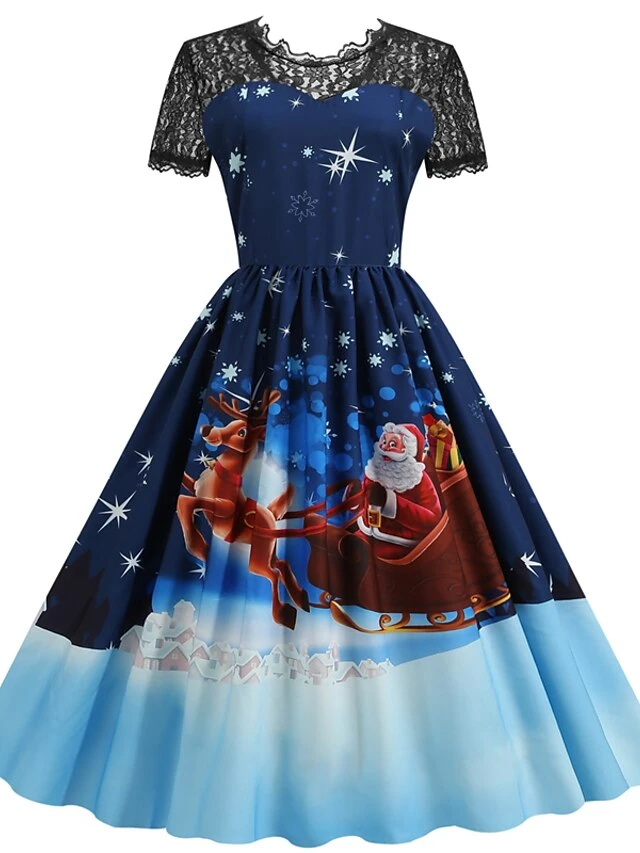 Women's Christmas Casual Dress Swing Dress Midi Dress Blue Purple Royal Blue Short Sleeve Santa Claus Lace Print Winter Fall Crew Neck Vacation Vintage 2022 S M L XL XXL 3XL 2 Women's Christmas Casual Dress Swing Dress Midi Dress Blue Purple Royal Blue Short Sleeve Santa Claus Lace Print Winter Fall Crew Neck Vacation Vintage 2022 S M L XL XXL 3XL - Image 2