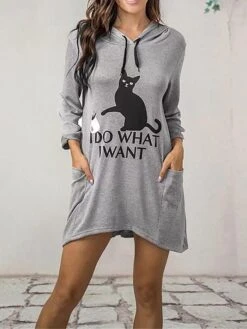 Women's Casual Dress Hoodie Dress Print Dress Cat Letter Pocket Print Hooded Mini Dress Active Fashion Outdoor Daily Long Sleeve Loose Fit Yellow Pink Blue Fall Winter S M L XL XXL -Casual Print Dress Sales bwswju1693209266406