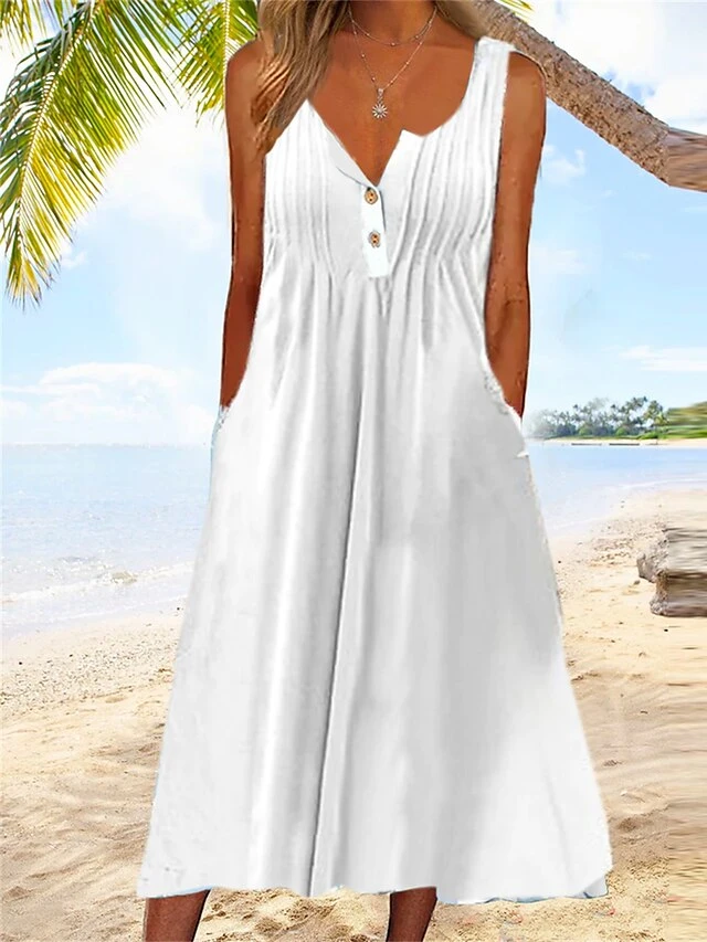 Women's Casual Dress Tank Dress Summer Dress Plain Ruched Button V Neck Midi Dress Fashion Modern Daily Holiday Sleeveless Loose Fit White Summer Spring S M L XL XXL 1 Women's Casual Dress Tank Dress Summer Dress Plain Ruched Button V Neck Midi Dress Fashion Modern Daily Holiday Sleeveless Loose Fit White Summer Spring S M L XL XXL