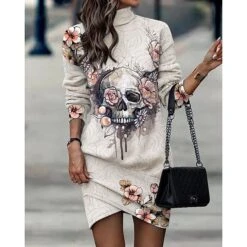Women's Sweatshirt Dress Winter Dress Shift Dress Midi Dress Black And White Black Gray Black And White Stripes 3/4 Length Sleeve Print Print Fall Winter Autumn Turtleneck Fashion 2023 S M L XL 2XL -Casual Print Dress Sales bxevzx1664332397936