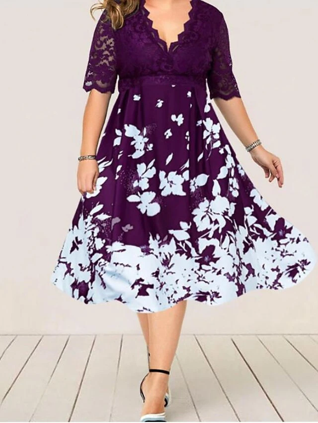 Women‘s Plus Size Curve Party Dress Floral V Neck Lace Half Sleeve Fall Spring Work Vintage Midi Dress Daily Vacation Dress Homecoming Dress Print 5 Women‘s Plus Size Curve Party Dress Floral V Neck Lace Half Sleeve Fall Spring Work Vintage Midi Dress Daily Vacation Dress Homecoming Dress Print - Image 5