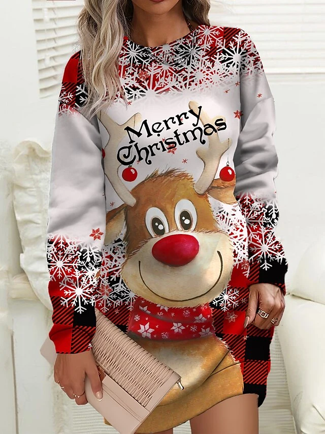 Women‘s Christmas Casual Dress Sweatshirt Dress Mini Dress Warm Fashion Outdoor Holiday Crew Neck Print Animal Tree Loose Fit White Red Burgundy S M L XL XXL 3 Women‘s Christmas Casual Dress Sweatshirt Dress Mini Dress Warm Fashion Outdoor Holiday Crew Neck Print Animal Tree Loose Fit White Red Burgundy S M L XL XXL - Image 3