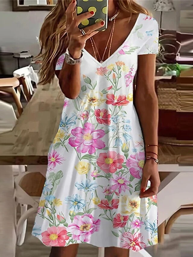 Women's Shift Dress Mini Dress White Pink Navy Blue Short Sleeve Floral Print Summer Spring V Neck Stylish Loose Fit 2023 S M L XL XXL 3XL 2 Women's Shift Dress Mini Dress White Pink Navy Blue Short Sleeve Floral Print Summer Spring V Neck Stylish Loose Fit 2023 S M L XL XXL 3XL - Image 2