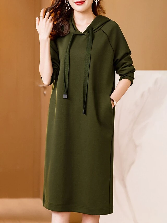 Women's Plus Size Curve Casual Dress Hoodie Dress Winter Dress Plain Midi Dress Long Sleeve Ruched Hooded Fashion Outdoor Black Red Fall Winter L XL XXL 3XL 4XL 2 Women's Plus Size Curve Casual Dress Hoodie Dress Winter Dress Plain Midi Dress Long Sleeve Ruched Hooded Fashion Outdoor Black Red Fall Winter L XL XXL 3XL 4XL - Image 2