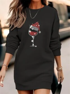 Women's Christmas Casual Dress Sweatshirt Dress Mini Dress Warm Fashion Outdoor Vacation Crew Neck Print Hat Loose Fit Black White Red S M L XL XXL -Casual Print Dress Sales bxxepl1695365422688