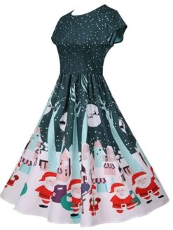 Women's Christmas Knee Length Dress Green Black Red Short Sleeve Print Print Fall Winter Round Neck Casual Vintage2021 S M L XL XXL -Casual Print Dress Sales bxyukx1629971724825