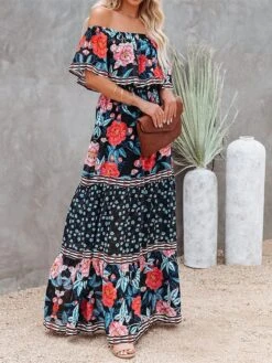 Women's Boho Dress Beach Dress Beach Wear Long Dress Maxi Dress Ruffle Print Boho Casual Floral Off Shoulder Short Sleeve Loose Fit Outdoor Daily Black White 2023 Spring Summer S M L XL -Casual Print Dress Sales bxznsl1675160149684