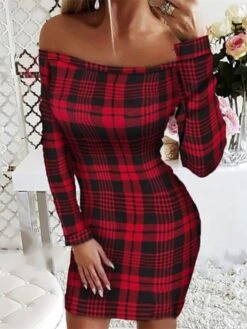 Women‘s Casual Dress BodyconShort Mini Dress Wine Black Long Sleeve Plaid Polka DotTree Cold Shoulder Print Fall Winter Off Shoulder Sexy Mature Slim 2023 S M L XL XXL