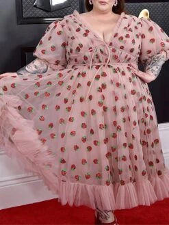 Women‘s Plus Size Curve Party Dress Swing Dress A Line Dress Strawberry Long Dress Maxi Dress Half Sleeve Mesh Patchwork V Neck Fashion Party Pink Spring Summer L XL XXL 3XL 4XL -Casual Print Dress Sales byvpum1676963391671