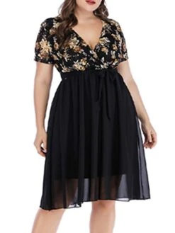 Women‘s Plus Size Curve Party Dress Cocktail Dress Wedding Guest Dress Midi Dress Black Wine Short Sleeve Floral Lace Up Summer Spring Fall V Neck Fashion Birthday Wedding Guest Vacation 2023 -Casual Print Dress Sales bywgpg1691399396916