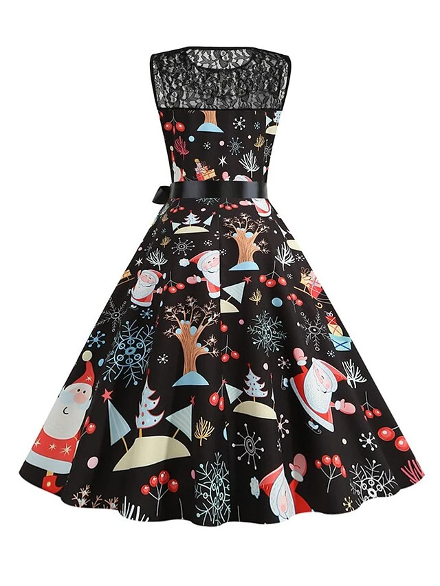 Women‘s Christmas Retro 1950s Vintage Dress Midi Dress Party Patchwork Bow Santa Claus Crew Neck Sleeveless Regular Fit Fall Winter 2023 Black White S M L XL 9 Women‘s Christmas Retro 1950s Vintage Dress Midi Dress Party Patchwork Bow Santa Claus Crew Neck Sleeveless Regular Fit Fall Winter 2023 Black White S M L XL - Image 9