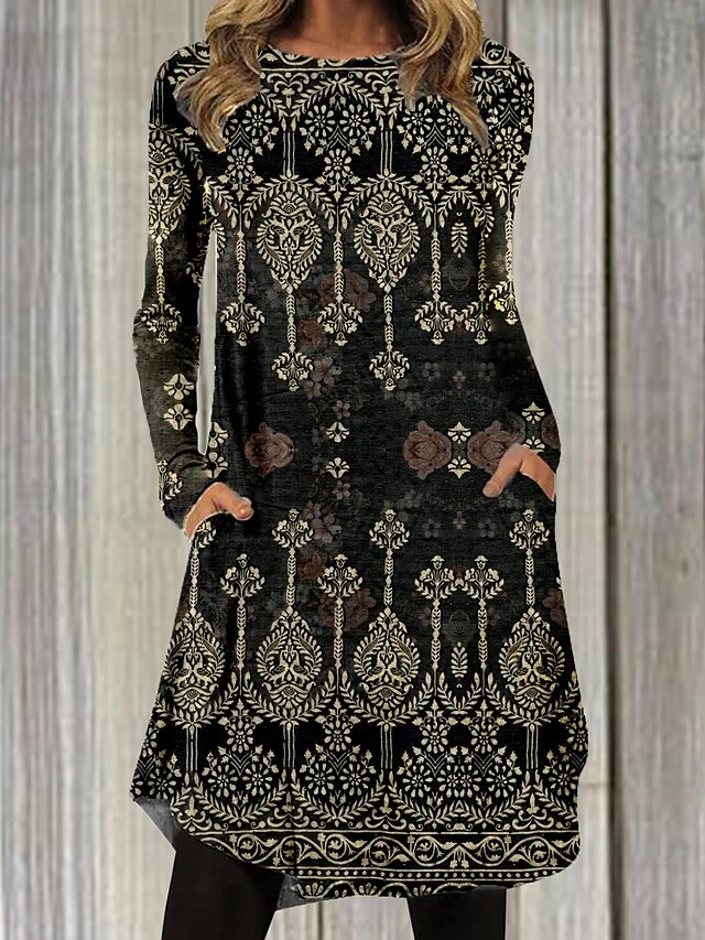 Women's Casual Dress Casual Dress T Shirt Dress Tee Dress Floral Paisley Pocket Print Crew Neck Mini Dress Fashion Outdoor Daily Long Sleeve Regular Fit Black Gray Black Wine Spring Fall S M L XL XXL 2 Women's Casual Dress Casual Dress T Shirt Dress Tee Dress Floral Paisley Pocket Print Crew Neck Mini Dress Fashion Outdoor Daily Long Sleeve Regular Fit Black Gray Black Wine Spring Fall S M L XL XXL - Image 2