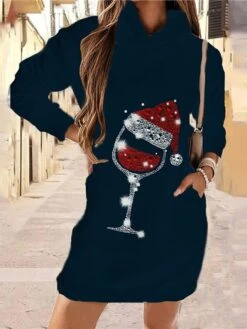 Women‘s Christmas Hoodie Dress Winter DressShort Mini Dress Green Black Long Sleeve Snowman Hat Pocket Print Fall Winter Hooded Vacation Casual 2022 S M L XL XXL 3XL