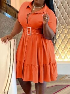 Women‘s Plus Size Curve Shirt Dress Solid Color Shirt Collar Ruffle Half Sleeve Spring Summer Casual Knee Length Dress Daily Holiday Dress -Casual Print Dress Sales bzteob1656491038077