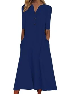 Women's Casual Dress T Shirt Dress Tee Dress Midi Dress Black White Navy Blue Short Sleeve Pure Color Pocket Summer Spring V Neck Fashion Loose Fit 2023 S M L XL XXL -Casual Print Dress Sales caylzd1671704773673