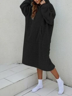 Women's Casual Dress Hoodie Dress Midi Dress Active Fashion Outdoor Home Holiday V Neck Pocket Solid Color Loose Fit Pink Burgundy Royal Blue M -Casual Print Dress Sales cazvdp1692588263781