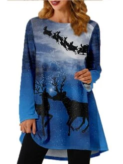 Women's Christmas T Shirt Dress Tee Dress Print Dress Light Blue Long Sleeve Animal Print Patchwork Print Fall Spring Crew Neck Classic Modern Fall Dress Loose Fit 2022 S M L XL 2XL 3XL 4XL -Casual Print Dress Sales cbfkzv1665744271402