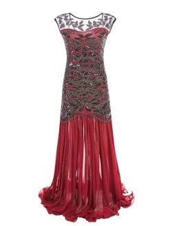 Women's Retro 1920s Sequin Dress Long Dress Maxi Dress Party Halloween Sequins Ruffle Leaf Crewneck Sleeveless Regular Fit Spring Fall 2023 Black Red S M L XL -Casual Print Dress Sales cckhuq1692947216125