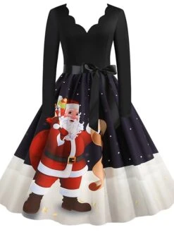 Women's Christmas Party Dress Knee Length Dress Purple Royal Blue Dark Blue Red Black Long Sleeve Elk Tree Bell Bow Print Fall Winter V Neck Vintage Elegant Party 2022 -Casual Print Dress Sales cckpjn1632996777162