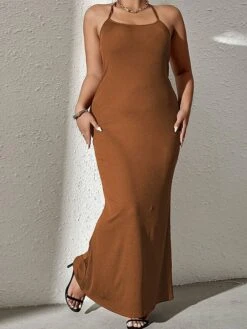 Women's Plus Size Curve Party Dress Wedding Guest Dress Bodycon Long Dress Maxi Dress Brown Long Sleeve Pure Color Backless Fall Winter Autumn Halter Neck Fashion Wedding Guest Vacation XL XXL 3XL -Casual Print Dress Sales ccnipb1692165954316