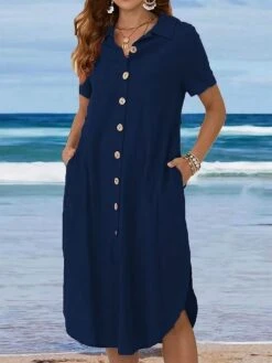 Women's Shirt Dress Casual Dress Linen Dress Midi Dress Black White Wine Short Sleeve Pure Color Button Summer Spring Shirt Collar Basic Loose Fit 2023 S M L XL 2XL 3XL