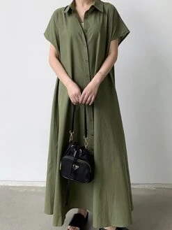 Women's Shirt Dress Casual Dress Maxi Long Dress Outdoor Daily Cotton Linen Basic Classic Shirt Collar Button Short Sleeve Summer Spring 2023 Loose Fit Navy Blue Brown Green Pure Color S M L XL XXL