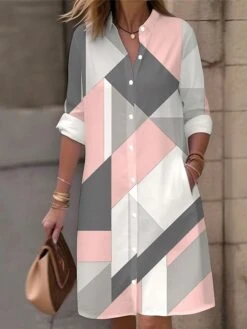 Women's Shirt Dress Casual Dress Midi Dress Outdoor Office Daily Polyester Fashion Modern Shirt Collar Button Pocket Long Sleeve Fall Winter 2023 Loose Fit Pink Geometric Striped S M L XL 2XL